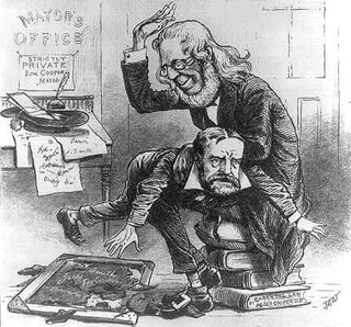 An 1897 cartoon from Puck magazine, in which Peter Cooper spanks his son, the 83rd mayor of New York